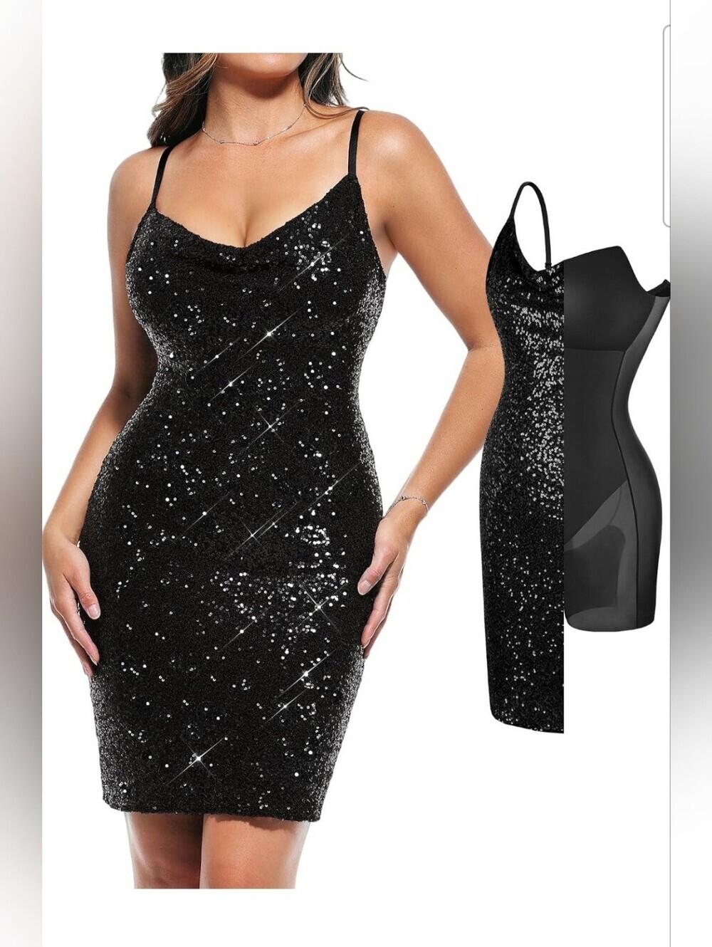Popilush Women's Black Sequin Cowl Neck Shapewear Sparkle Cocktail Dress Size L